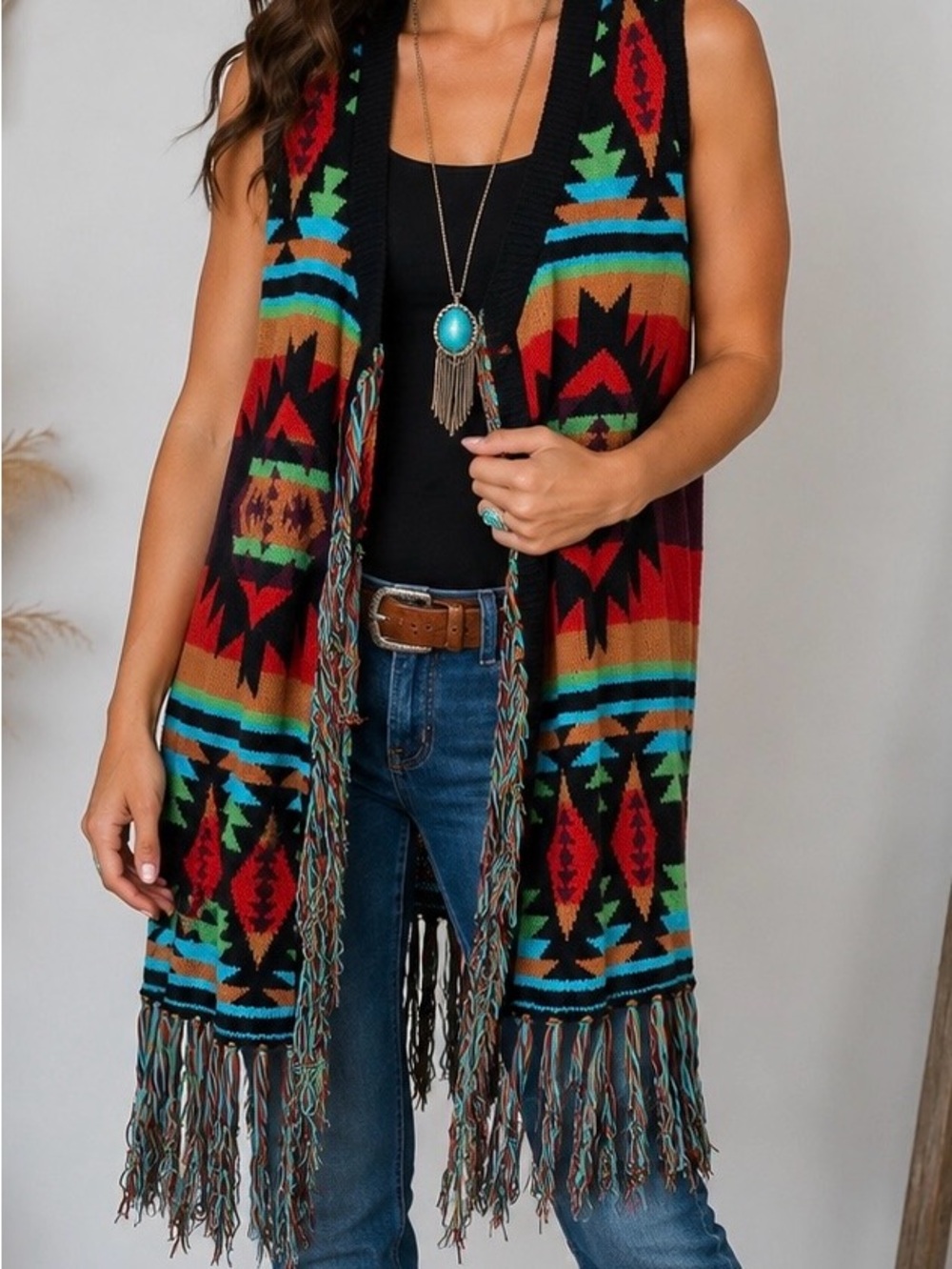 Powder River Outfitters Duster Vest Size M Southwestern Aztec Long Fringe